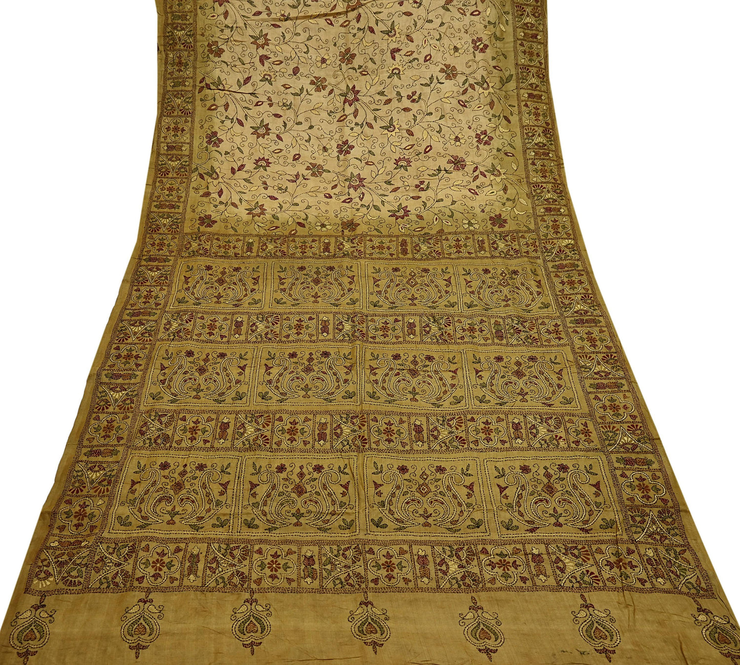Indian Vintage Green Saree 100% Pure Silk Hand Embroidered Kantha Sari Fabric 5Yd Sewing Floral Sequin