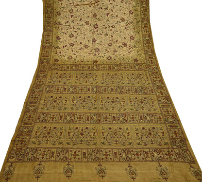 Indian Vintage Green Saree 100% Pure Silk Hand Embroidered Kantha Sari Fabric 5Yd Sewing Floral Sequin