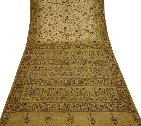 Indian Vintage Green Saree 100% Pure Silk Hand Embroidered Kantha Sari Fabric 5Yd Sewing Floral Sequin