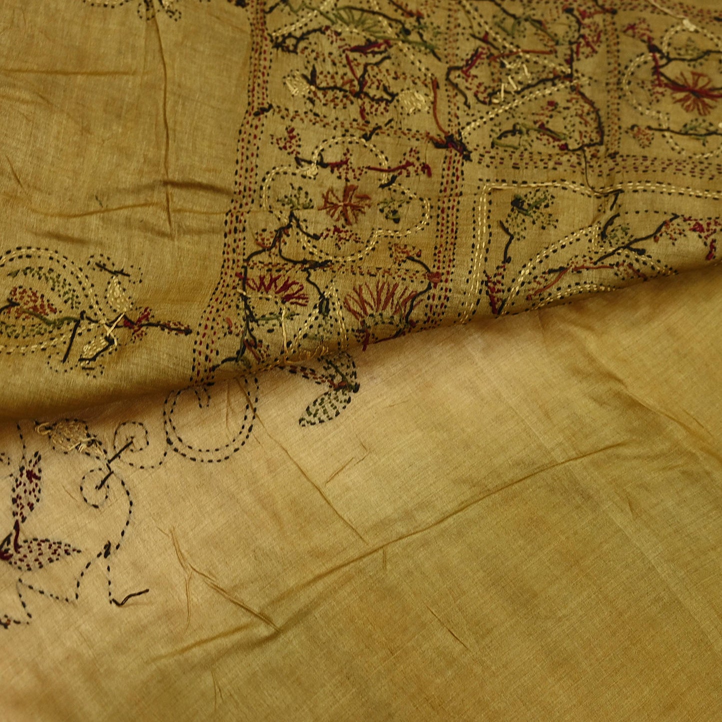 Indian Vintage Green Saree 100% Pure Silk Hand Embroidered Kantha Sari Fabric 5Yd Sewing Floral Sequin