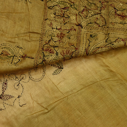 Indian Vintage Green Saree 100% Pure Silk Hand Embroidered Kantha Sari Fabric 5Yd Sewing Floral Sequin