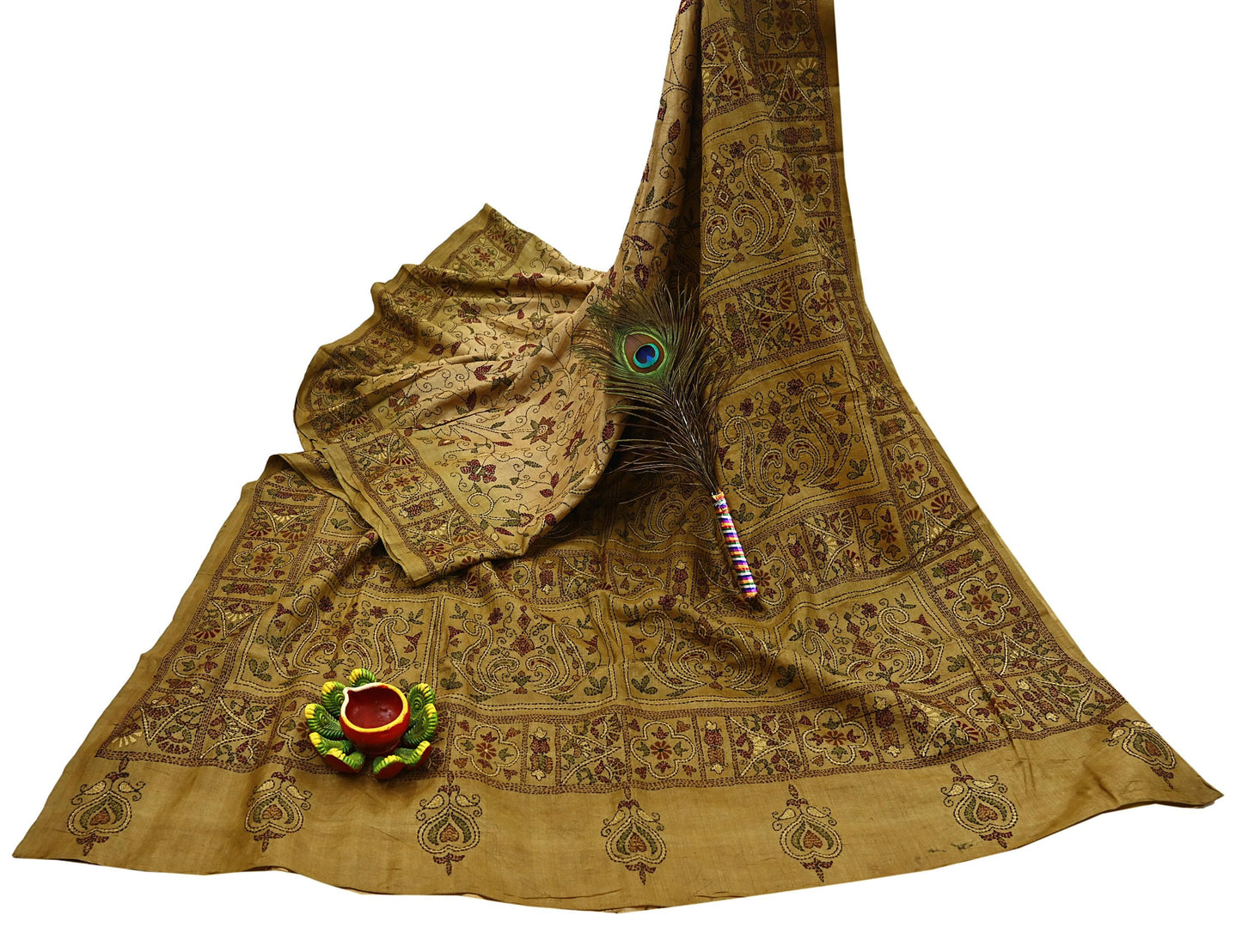 Indian Vintage Green Saree 100% Pure Silk Hand Embroidered Kantha Sari Fabric 5Yd Sewing Floral Sequin