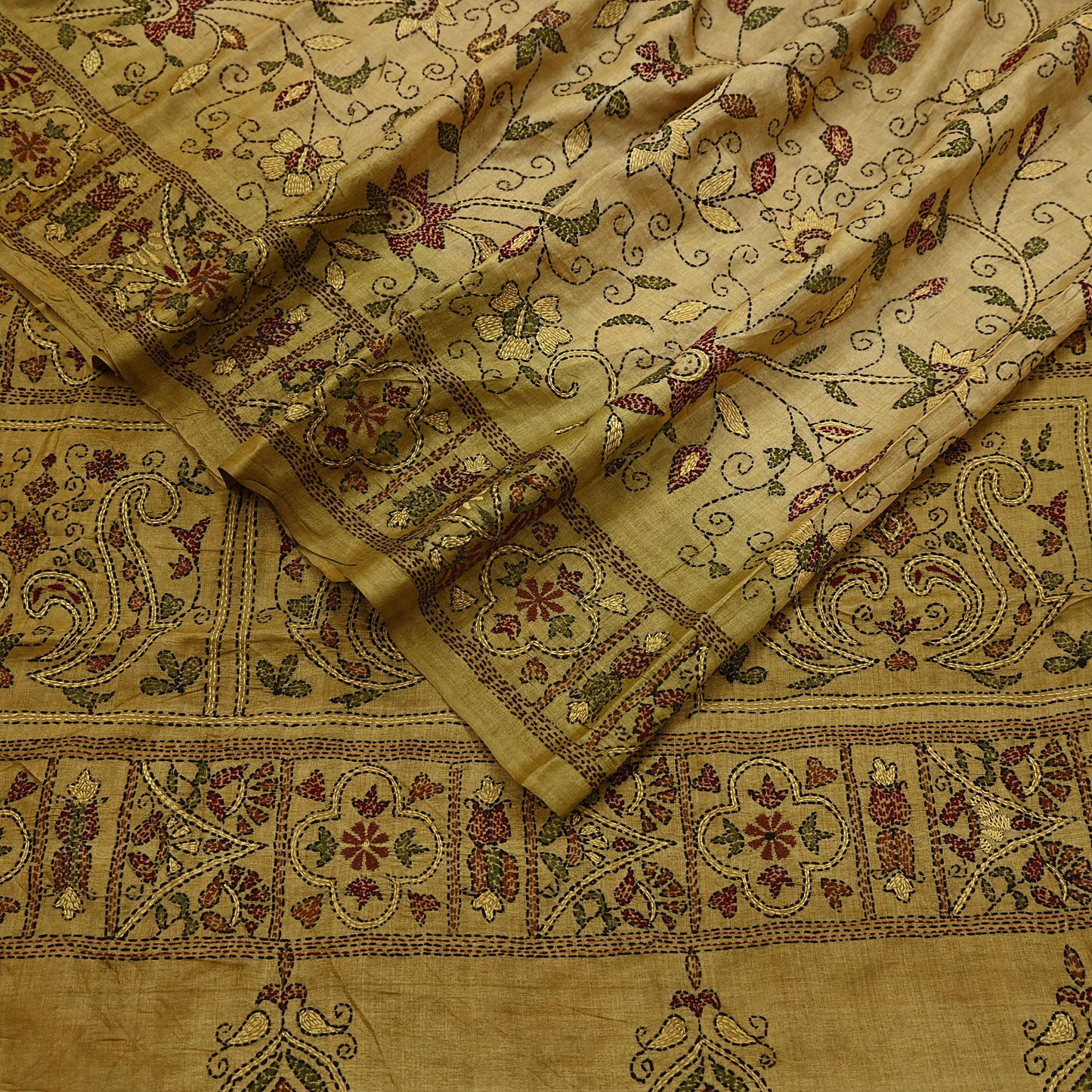 Indian Vintage Green Saree 100% Pure Silk Hand Embroidered Kantha Sari Fabric 5Yd Sewing Floral Sequin