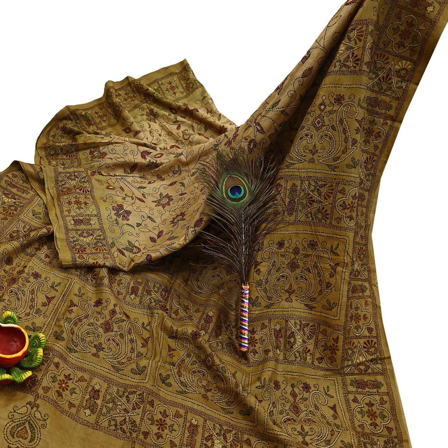 Indian Vintage Green Saree 100% Pure Silk Hand Embroidered Kantha Sari Fabric 5Yd Sewing Floral Sequin