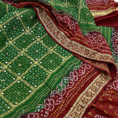 Indian Vintage Red & Green Saree Hand Embroidered Bandhani Printed Sari 100% Pure Silk Fabric 5yard Soft Craft Fabric Beaded