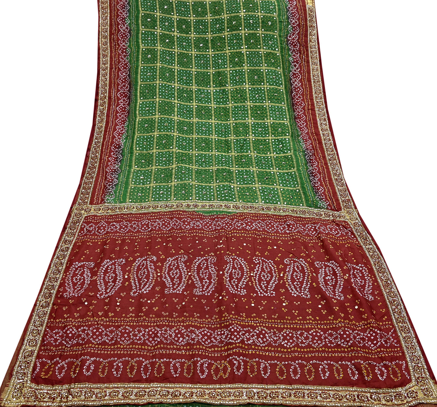 Indian Vintage Red & Green Saree Hand Embroidered Bandhani Printed Sari 100% Pure Silk Fabric 5yard Soft Craft Fabric Beaded