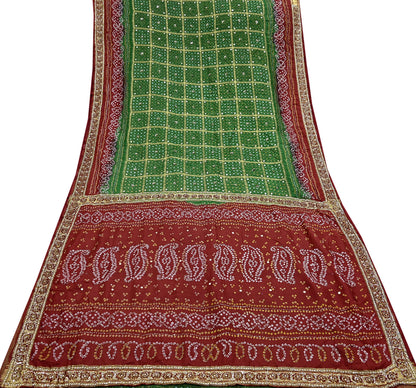 Indian Vintage Red & Green Saree Hand Embroidered Bandhani Printed Sari 100% Pure Silk Fabric 5yard Soft Craft Fabric Beaded