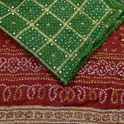 Indian Vintage Red & Green Saree Hand Embroidered Bandhani Printed Sari 100% Pure Silk Fabric 5yard Soft Craft Fabric Beaded
