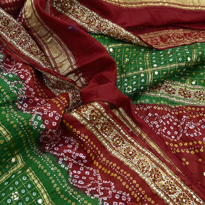 Indian Vintage Red & Green Saree Hand Embroidered Bandhani Printed Sari 100% Pure Silk Fabric 5yard Soft Craft Fabric Beaded