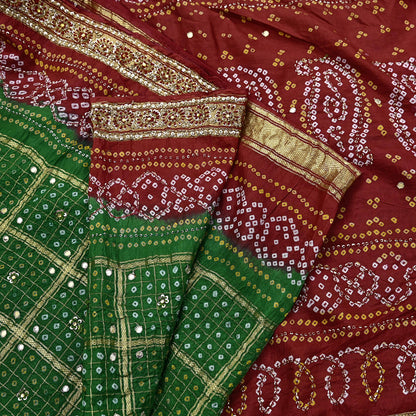 Indian Vintage Red & Green Saree Hand Embroidered Bandhani Printed Sari 100% Pure Silk Fabric 5yard Soft Craft Fabric Beaded