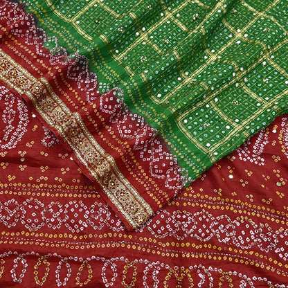 Indian Vintage Red & Green Saree Hand Embroidered Bandhani Printed Sari 100% Pure Silk Fabric 5yard Soft Craft Fabric Beaded