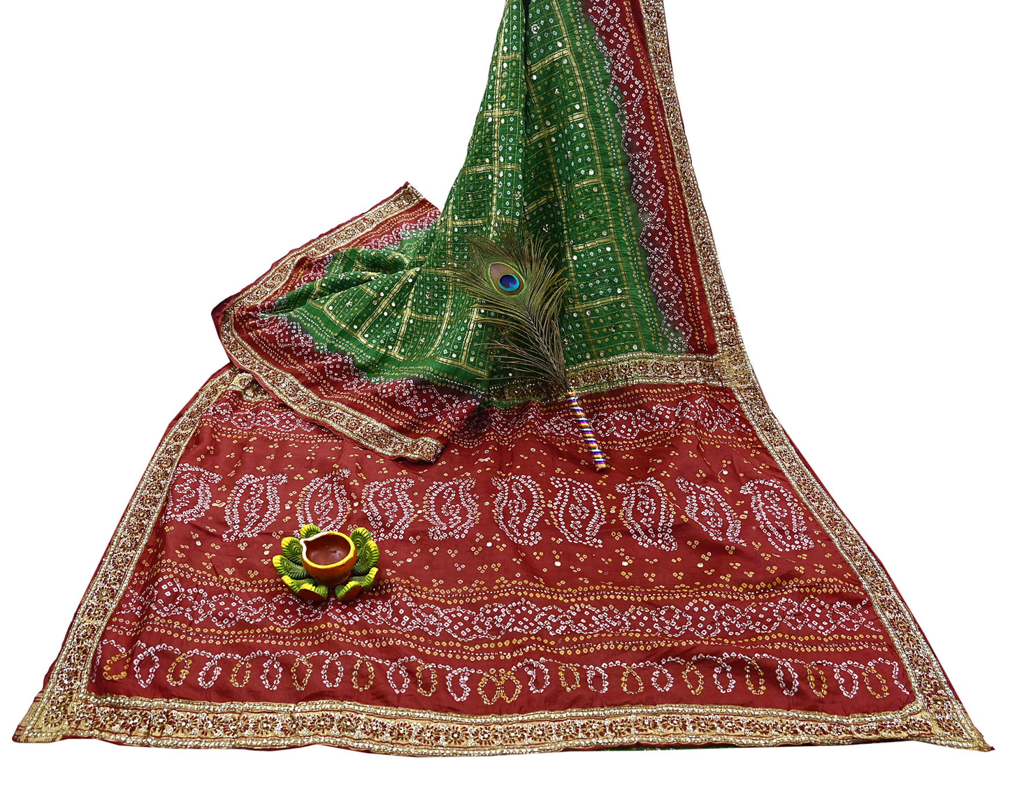 Indian Vintage Red & Green Saree Hand Embroidered Bandhani Printed Sari 100% Pure Silk Fabric 5yard Soft Craft Fabric Beaded