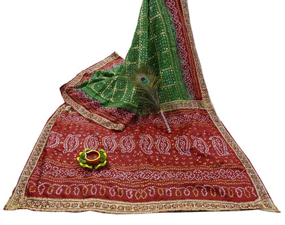 Indian Vintage Red & Green Saree Hand Embroidered Bandhani Printed Sari 100% Pure Silk Fabric 5yard Soft Craft Fabric Beaded