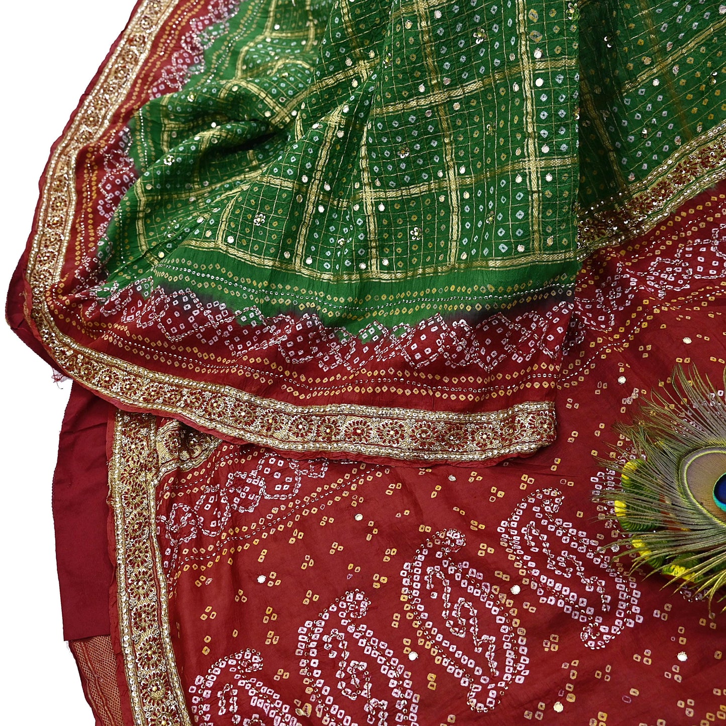 Indian Vintage Red & Green Saree Hand Embroidered Bandhani Printed Sari 100% Pure Silk Fabric 5yard Soft Craft Fabric Beaded
