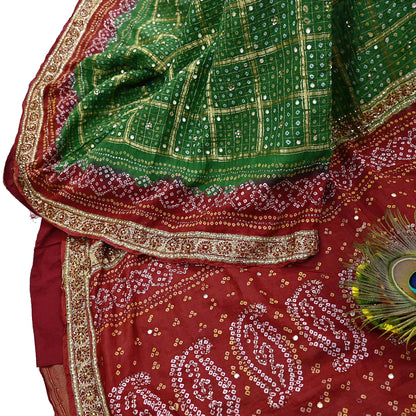 Indian Vintage Red & Green Saree Hand Embroidered Bandhani Printed Sari 100% Pure Silk Fabric 5yard Soft Craft Fabric Beaded