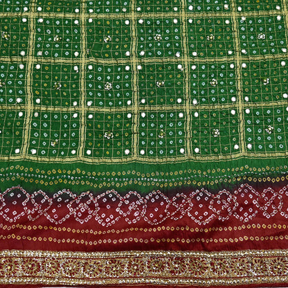 Indian Vintage Red & Green Saree Hand Embroidered Bandhani Printed Sari 100% Pure Silk Fabric 5yard Soft Craft Fabric Beaded