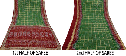 Indian Vintage Red & Green Saree Hand Embroidered Bandhani Printed Sari 100% Pure Silk Fabric 5yard Soft Craft Fabric Beaded