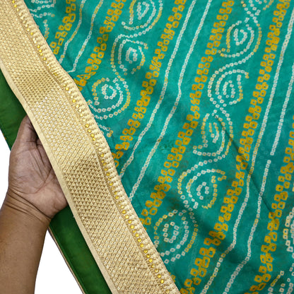 Indian Vintage Green Saree Hand Embroidered Bandhani Printed Sari 100% Pure Silk 5yard Soft Craft Fabric Beaded