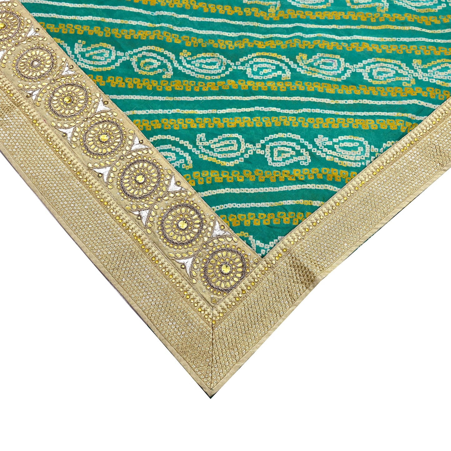 Indian Vintage Green Saree Hand Embroidered Bandhani Printed Sari 100% Pure Silk 5yard Soft Craft Fabric Beaded