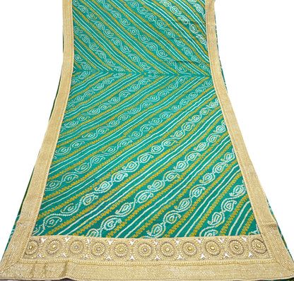Indian Vintage Green Saree Hand Embroidered Bandhani Printed Sari 100% Pure Silk 5yard Soft Craft Fabric Beaded