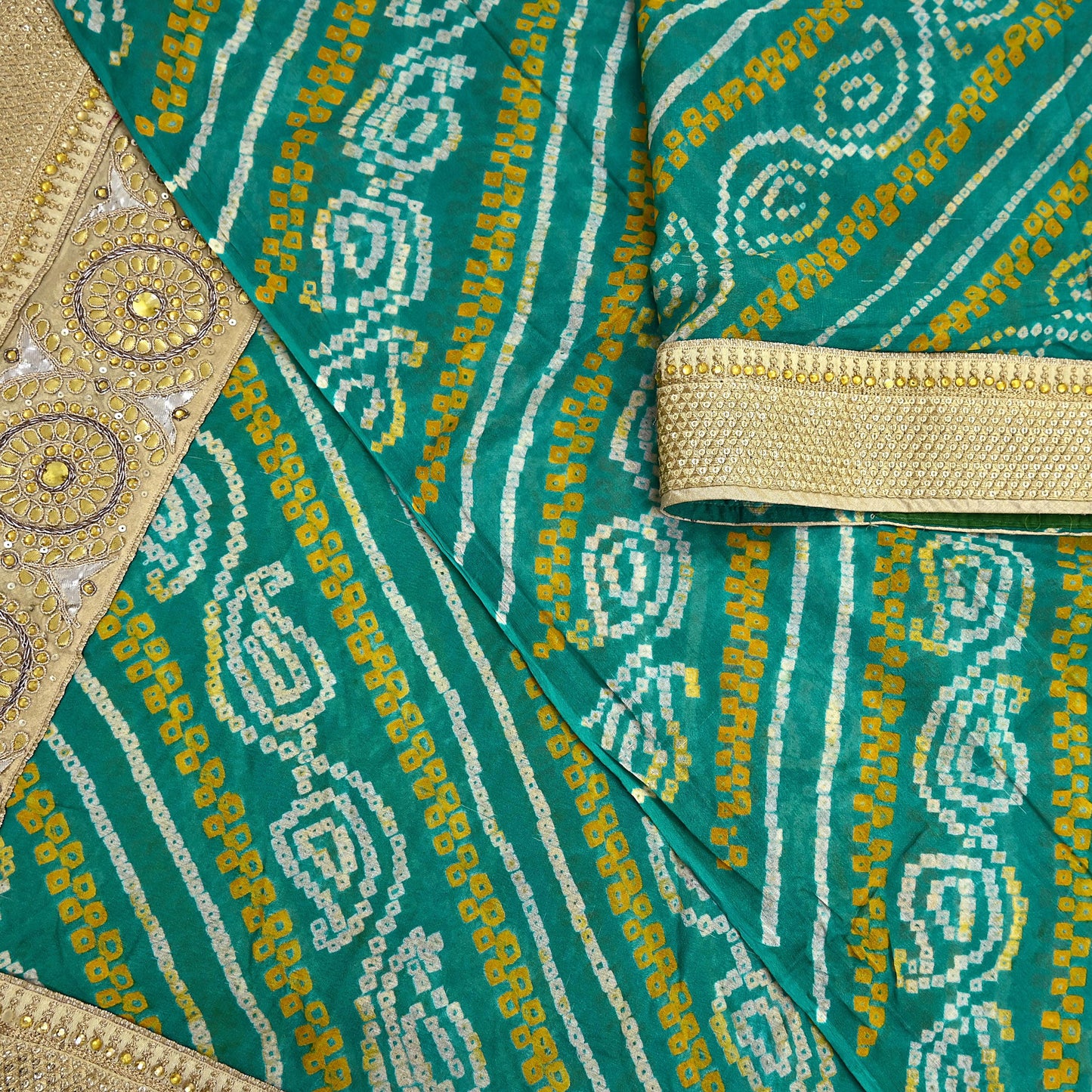Indian Vintage Green Saree Hand Embroidered Bandhani Printed Sari 100% Pure Silk 5yard Soft Craft Fabric Beaded