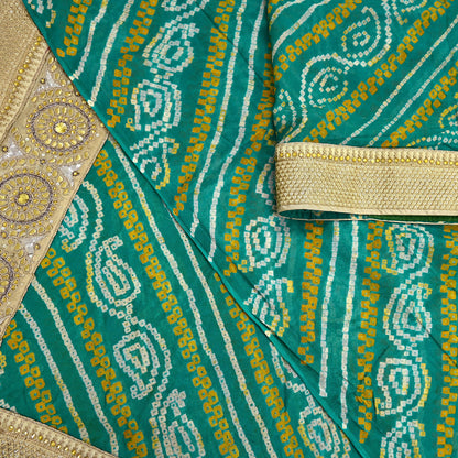 Indian Vintage Green Saree Hand Embroidered Bandhani Printed Sari 100% Pure Silk 5yard Soft Craft Fabric Beaded
