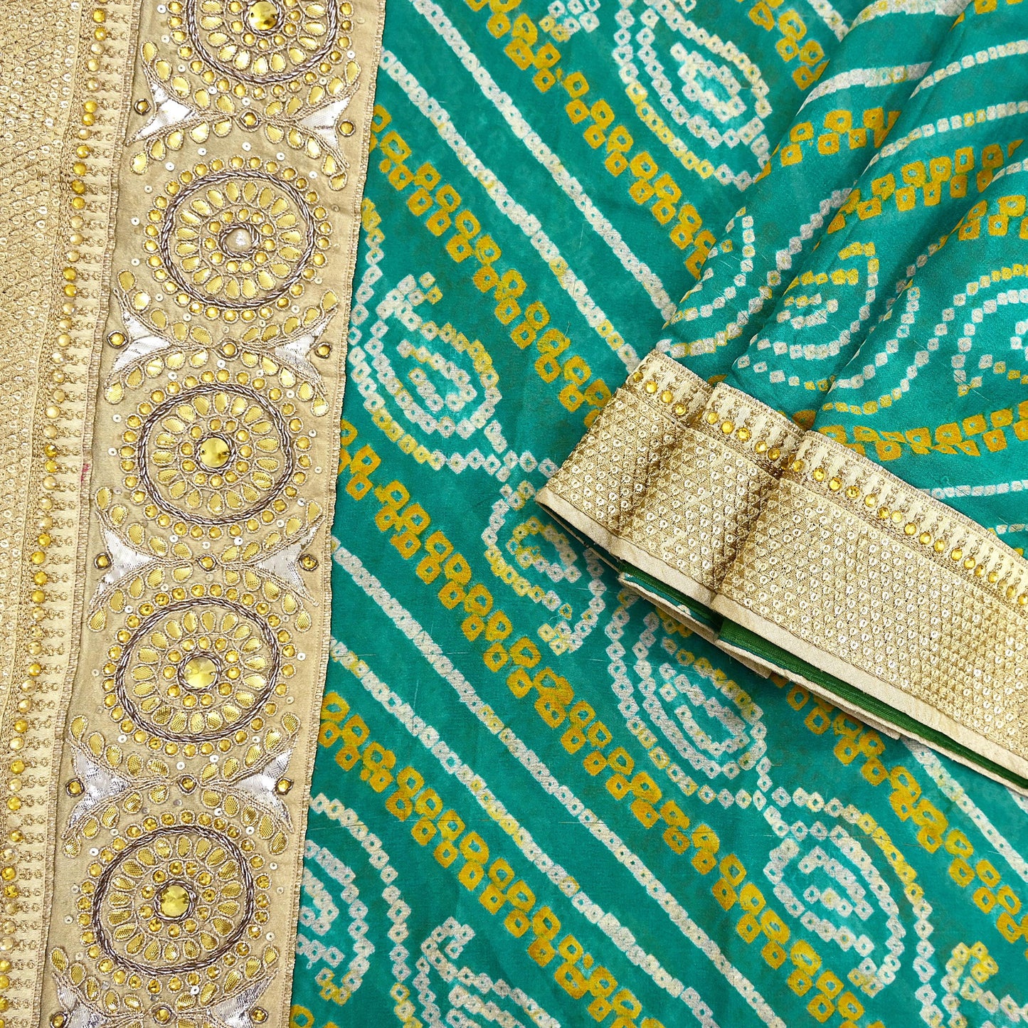 Indian Vintage Green Saree Hand Embroidered Bandhani Printed Sari 100% Pure Silk 5yard Soft Craft Fabric Beaded