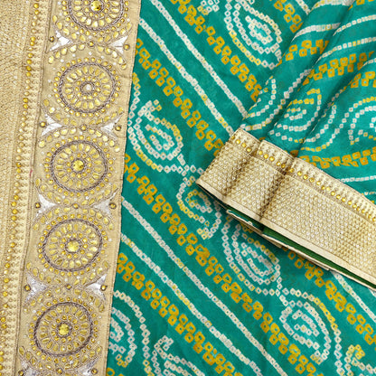 Indian Vintage Green Saree Hand Embroidered Bandhani Printed Sari 100% Pure Silk 5yard Soft Craft Fabric Beaded