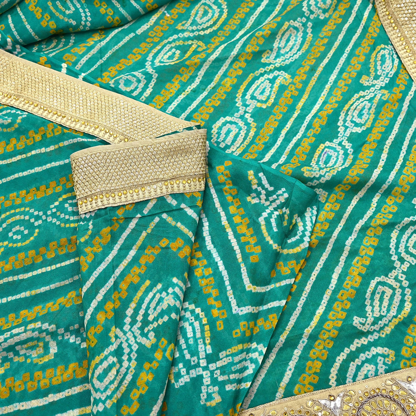 Indian Vintage Green Saree Hand Embroidered Bandhani Printed Sari 100% Pure Silk 5yard Soft Craft Fabric Beaded