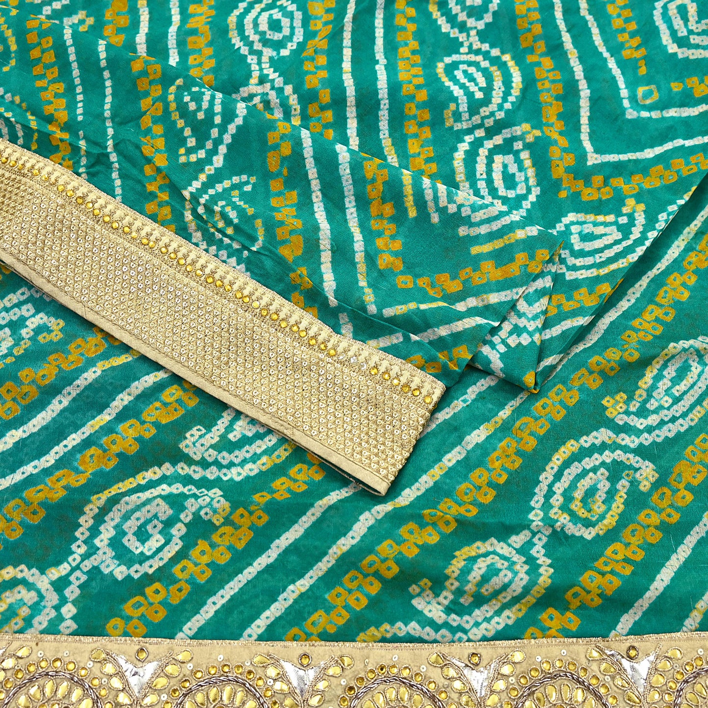 Indian Vintage Green Saree Hand Embroidered Bandhani Printed Sari 100% Pure Silk 5yard Soft Craft Fabric Beaded