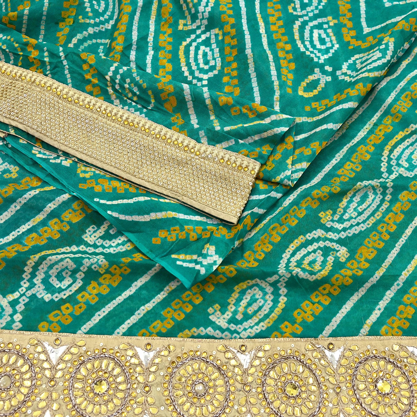 Indian Vintage Green Saree Hand Embroidered Bandhani Printed Sari 100% Pure Silk 5yard Soft Craft Fabric Beaded