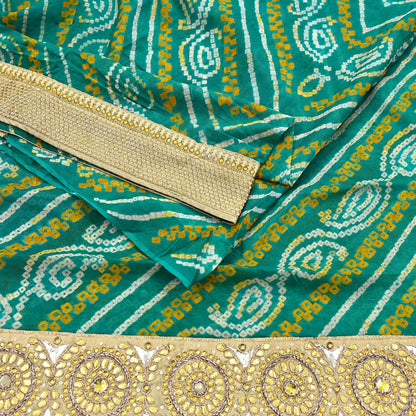 Indian Vintage Green Saree Hand Embroidered Bandhani Printed Sari 100% Pure Silk 5yard Soft Craft Fabric Beaded