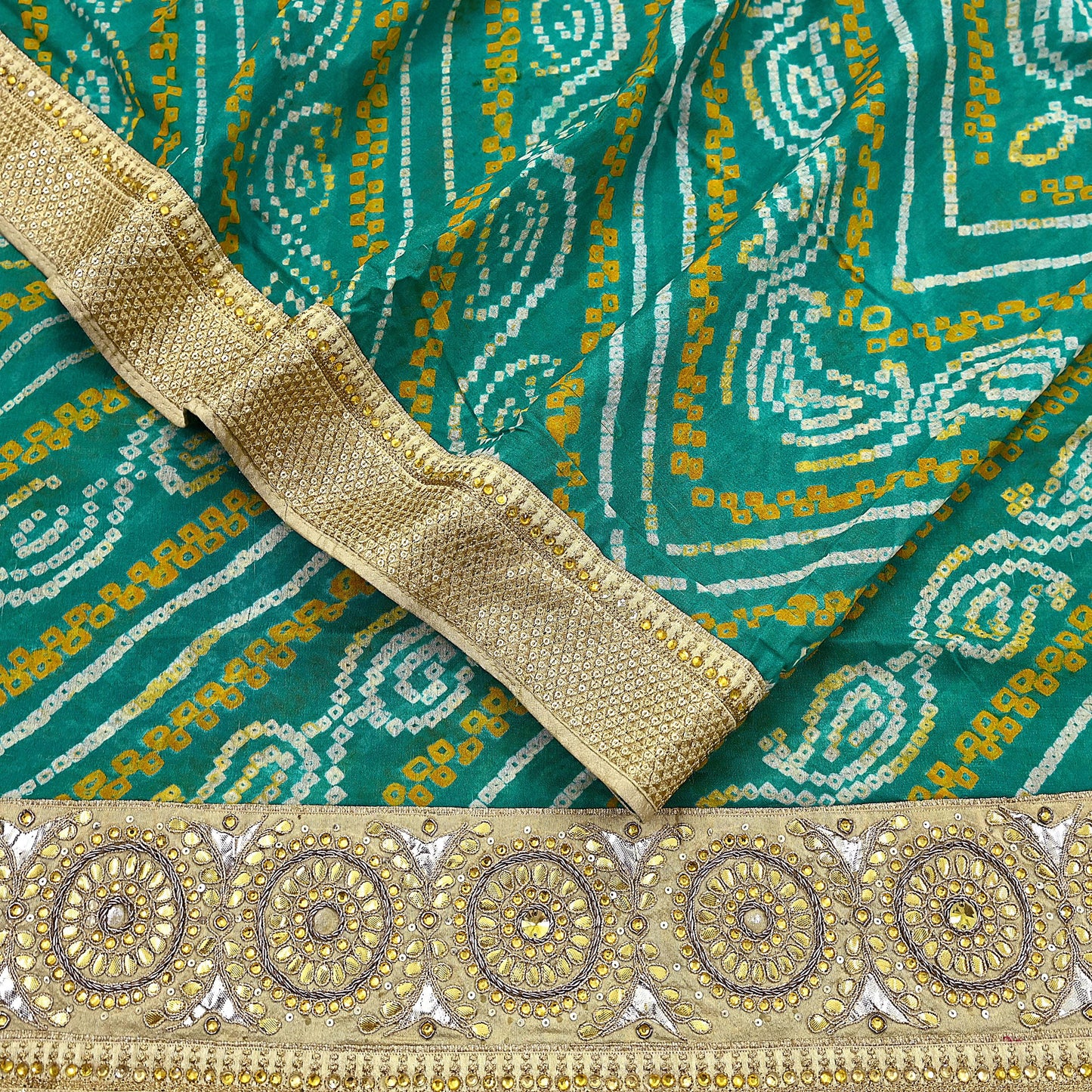 Indian Vintage Green Saree Hand Embroidered Bandhani Printed Sari 100% Pure Silk 5yard Soft Craft Fabric Beaded