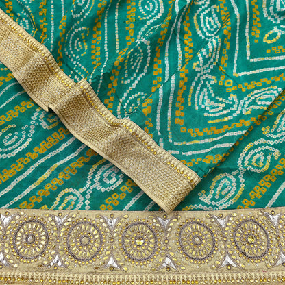 Indian Vintage Green Saree Hand Embroidered Bandhani Printed Sari 100% Pure Silk 5yard Soft Craft Fabric Beaded