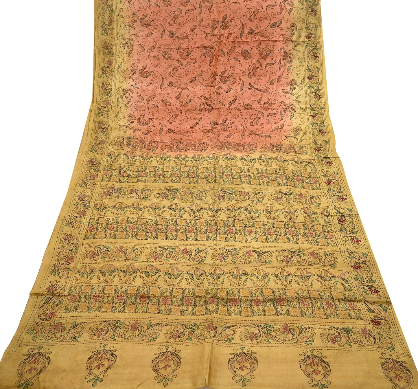 Indian Vintage Orange & Green Saree 100% Pure Silk Hand Embroidered Kantha Sari Fabric 5Yd Sewing Floral Sequin