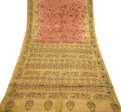 Indian Vintage Orange & Green Saree 100% Pure Silk Hand Embroidered Kantha Sari Fabric 5Yd Sewing Floral Sequin