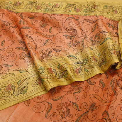 Indian Vintage Orange & Green Saree 100% Pure Silk Hand Embroidered Kantha Sari Fabric 5Yd Sewing Floral Sequin
