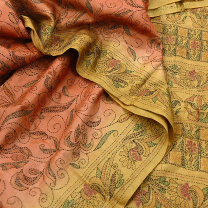 Indian Vintage Orange & Green Saree 100% Pure Silk Hand Embroidered Kantha Sari Fabric 5Yd Sewing Floral Sequin