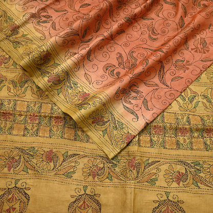 Indian Vintage Orange & Green Saree 100% Pure Silk Hand Embroidered Kantha Sari Fabric 5Yd Sewing Floral Sequin