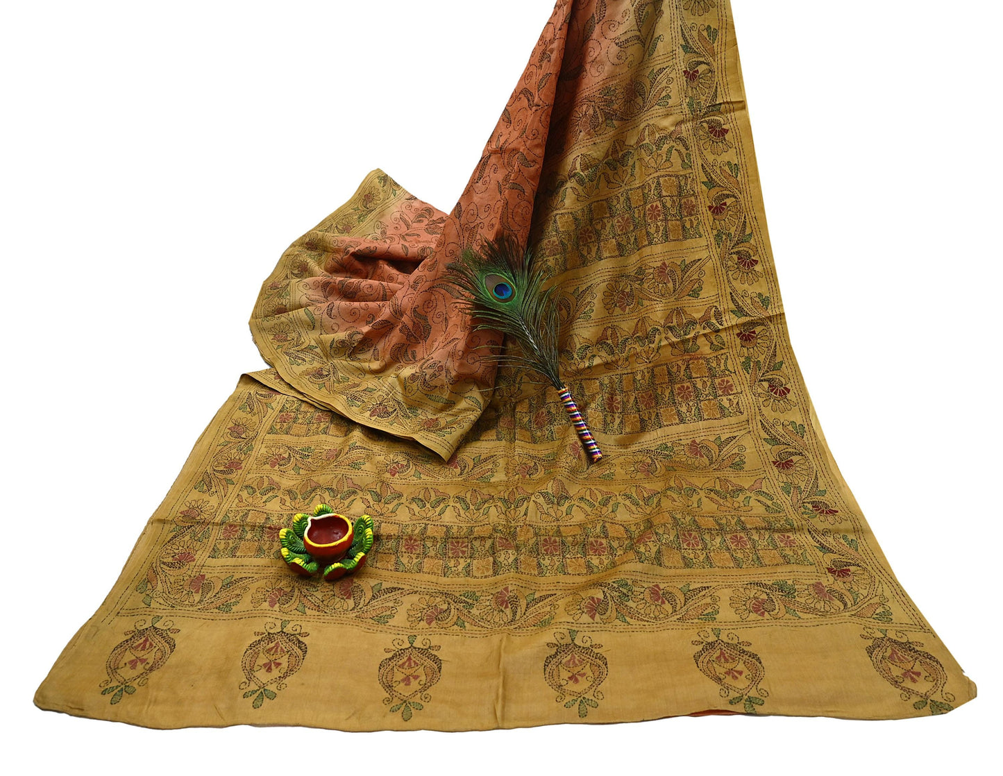 Indian Vintage Orange & Green Saree 100% Pure Silk Hand Embroidered Kantha Sari Fabric 5Yd Sewing Floral Sequin