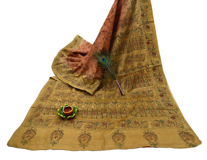 Indian Vintage Orange & Green Saree 100% Pure Silk Hand Embroidered Kantha Sari Fabric 5Yd Sewing Floral Sequin