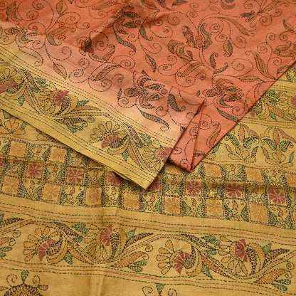 Indian Vintage Orange & Green Saree 100% Pure Silk Hand Embroidered Kantha Sari Fabric 5Yd Sewing Floral Sequin