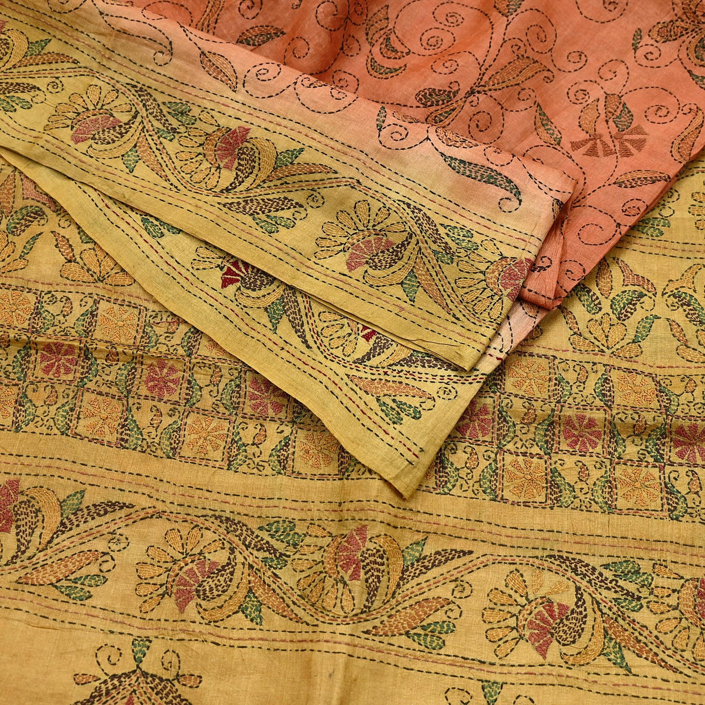 Indian Vintage Orange & Green Saree 100% Pure Silk Hand Embroidered Kantha Sari Fabric 5Yd Sewing Floral Sequin