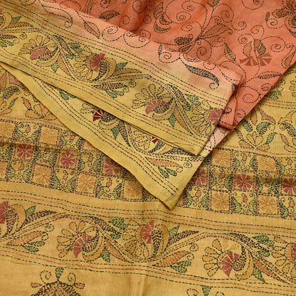 Indian Vintage Orange & Green Saree 100% Pure Silk Hand Embroidered Kantha Sari Fabric 5Yd Sewing Floral Sequin