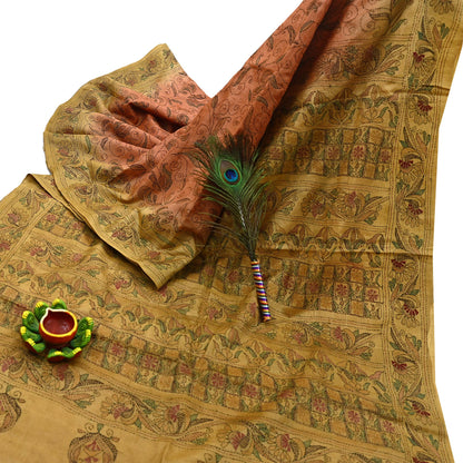 Indian Vintage Orange & Green Saree 100% Pure Silk Hand Embroidered Kantha Sari Fabric 5Yd Sewing Floral Sequin