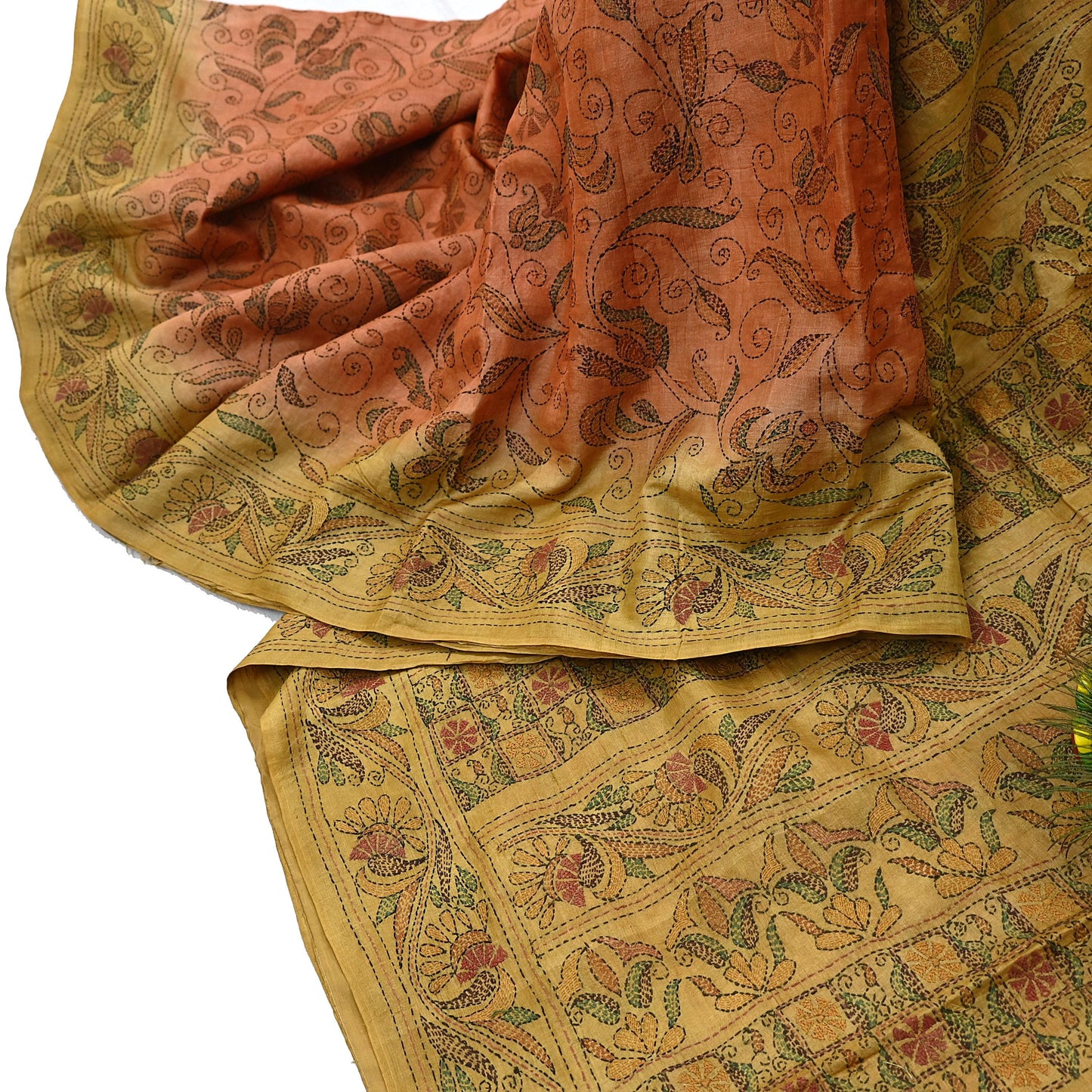 Indian Vintage Orange & Green Saree 100% Pure Silk Hand Embroidered Kantha Sari Fabric 5Yd Sewing Floral Sequin