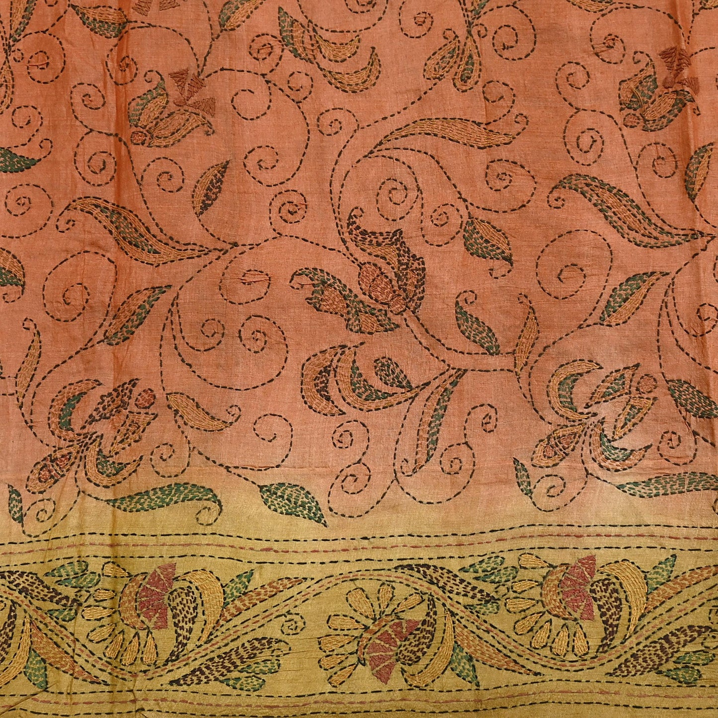 Indian Vintage Orange & Green Saree 100% Pure Silk Hand Embroidered Kantha Sari Fabric 5Yd Sewing Floral Sequin