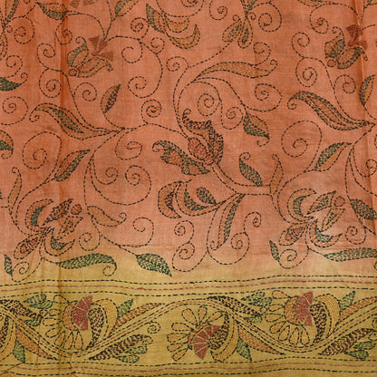 Indian Vintage Orange & Green Saree 100% Pure Silk Hand Embroidered Kantha Sari Fabric 5Yd Sewing Floral Sequin