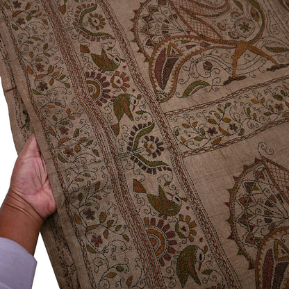 Indian Vintage Beige & Brown Saree 100% Pure Silk Hand Embroidered Kantha Sari Fabric 5Yd Sewing Floral Sequin