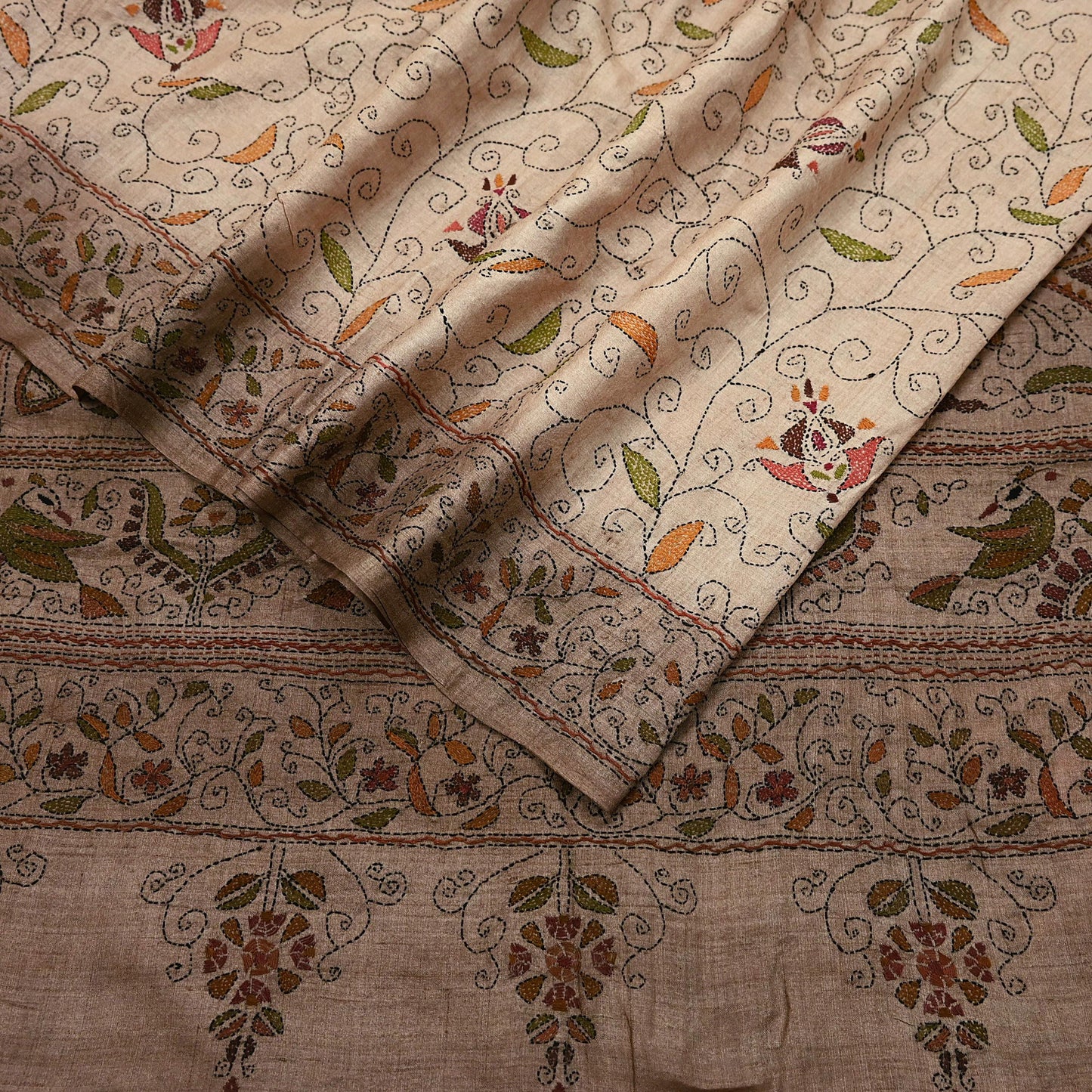 Indian Vintage Beige & Brown Saree 100% Pure Silk Hand Embroidered Kantha Sari Fabric 5Yd Sewing Floral Sequin